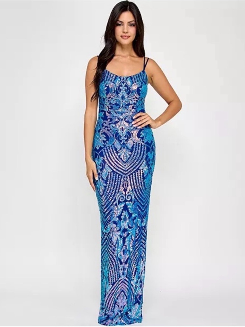 Emerald Sundae XS  Juniors' Sequined Side-Slit Gown Royal Aqua Embellished Dress